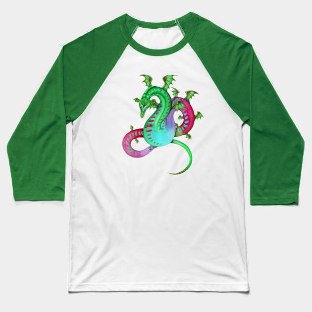 Fabulous Rainbow Dragon in Green, Teal, and Pink Baseball T-Shirt by Sandra Staple